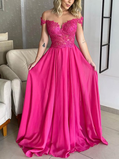 A-line Sweep Train Off-the-shoulder Lace Chiffon Beading Prom Dresses #UKM020112969
