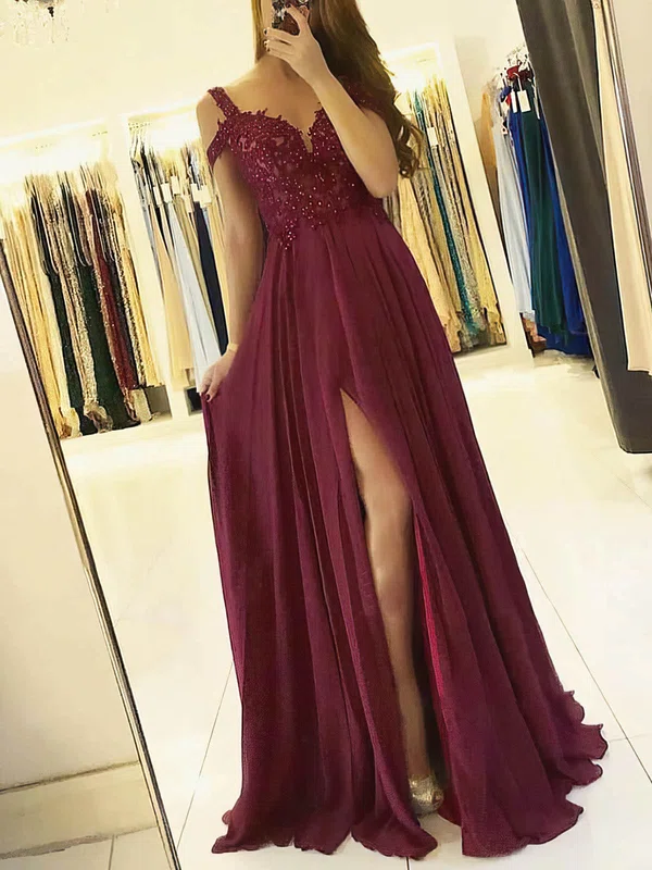 A-line V-neck Chiffon Prom Dresses With Appliques #UKM020112970