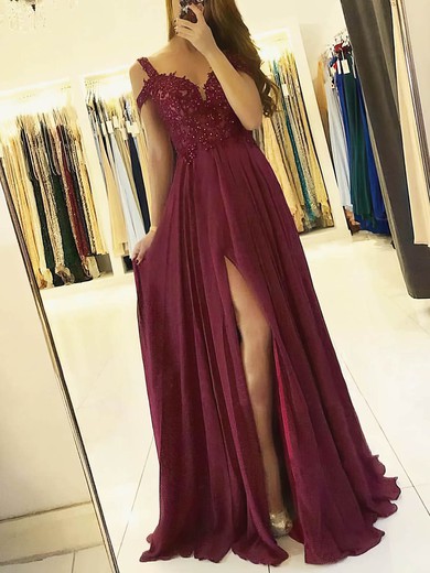 A-line V-neck Chiffon Prom Dresses With Appliques #UKM020112970