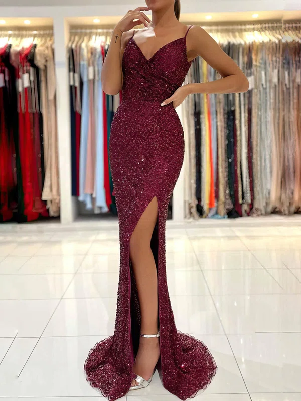 Sheath/Column V-neck Sequined Sweep Train Prom Dresses With Split Front #UKM020112972