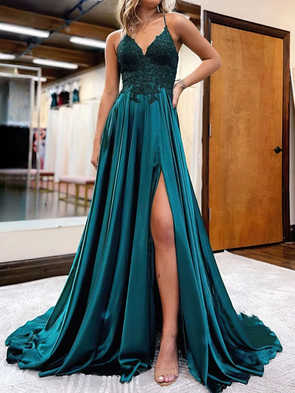 A-line V-neck Silk-like Satin Sweep Train Appliques Lace Prom Dresses #UKM020112979