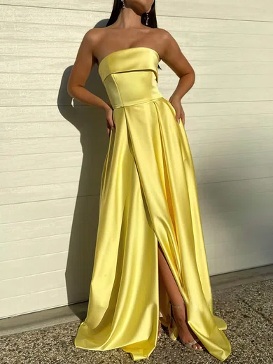 A-line Strapless Satin Prom Dresses With Ruched #UKM020113005