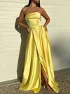 A-line Strapless Satin Sweep Train Prom Dresses With Split Front #UKM020113005