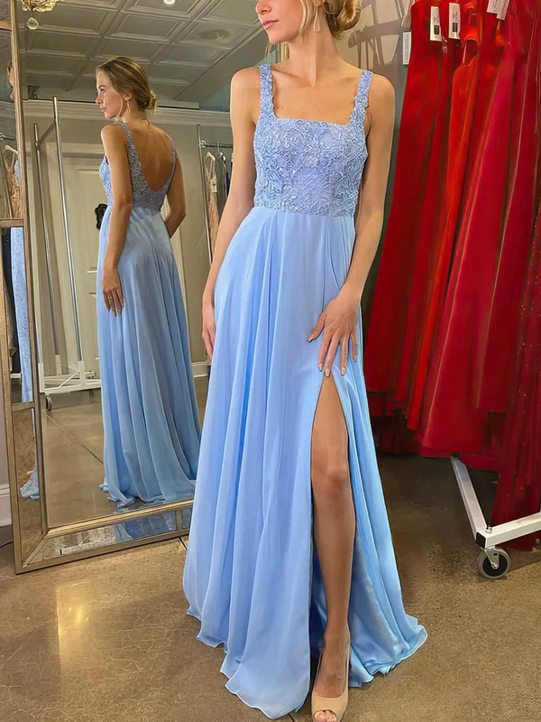 A-line Square Neckline Lace Chiffon Floor-length Prom Dresses With Split Front #UKM020113006