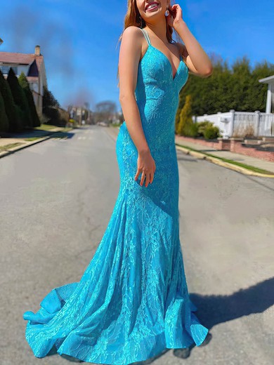 Trumpet/Mermaid V-neck Lace Sweep Train Prom Dresses With Ruffles #UKM020113008