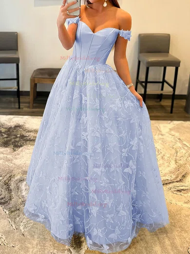 Off The Shoulder Blue Satin Flower Prom Dress Off The Shoulder Blue Satin Flower Prom Dress
