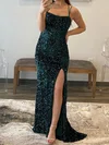 Sheath/Column Sweep Train Square Neckline Velvet Sequins Split Front Prom Dresses #UKM020113014