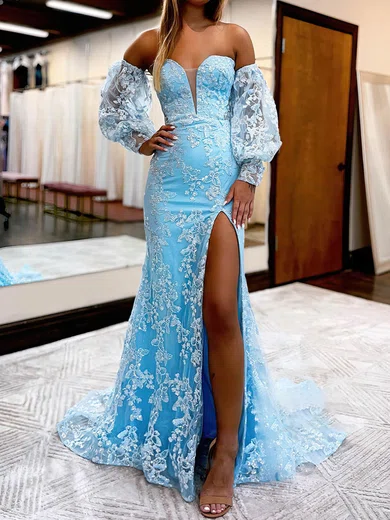 Mermaid V-neck Lace Sparkly Prom Dresses With Puff Sleeve #UKM020113017