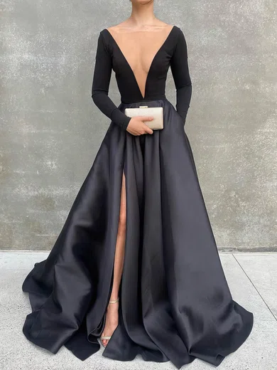Black Ball Gown Illusion Satin Prom Dresses With Long Sleeves #UKM020113022