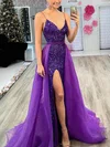 Ball Gown V-neck Velvet Sequins Organza Sweep Train Split Front Prom Dresses #UKM020113042