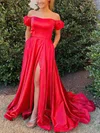 A-line Off-the-shoulder Silk-like Satin Sweep Train Prom Dresses With Split Front #UKM020113048