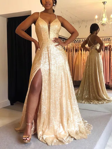 A-line V-neck Sequined Sweep Train Prom Dresses With Split Front #UKM020113059