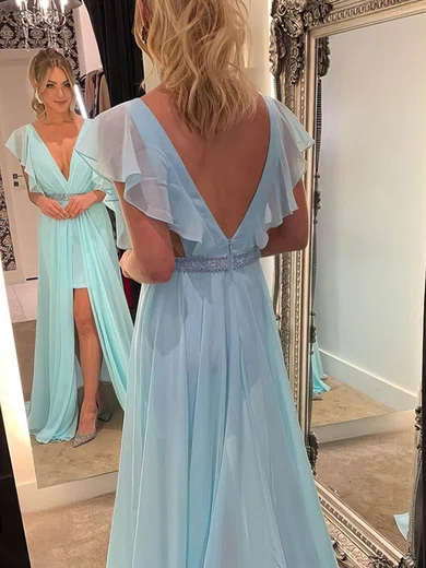 A-line V-neck Chiffon Sweep Train Prom Dresses With Split Front #UKM020113065