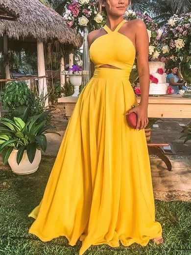 A-line V-neck Chiffon Sweep Train Prom Dresses #UKM020113069
