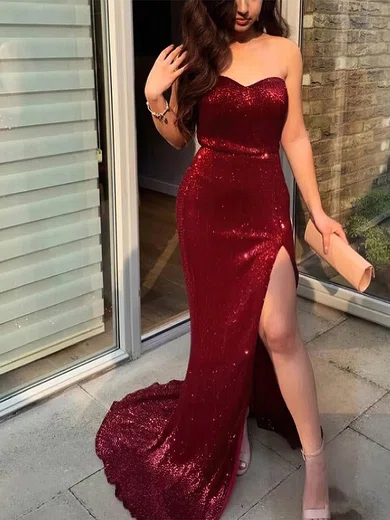 Sheath/Column Sweetheart Sequined Sweep Train Prom Dresses With Split Front #UKM020113071