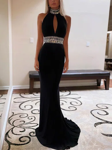 Sheath/Column High Neck Jersey Sweep Train Prom Dresses With Beading #UKM020113094