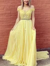 A-line Off-the-shoulder Chiffon Sweep Train Prom Dresses With Beading #UKM020113101