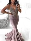 Trumpet/Mermaid V-neck Silk-like Satin Sweep Train Prom Dresses With Beading #UKM020113102