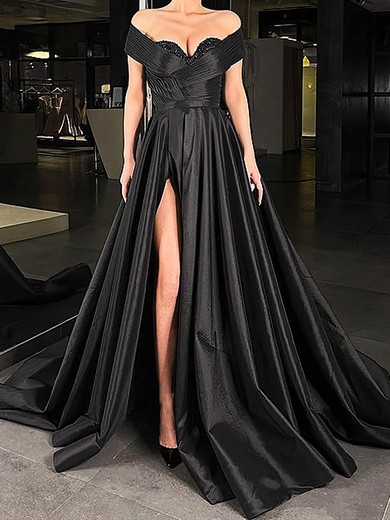 A-line Off-the-shoulder Satin Sweep Train Evening Dresses With Split Front PT020113105