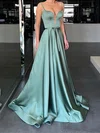 A-line V-neck Silk-like Satin Sweep Train Prom Dresses With Sashes / Ribbons #UKM020113106