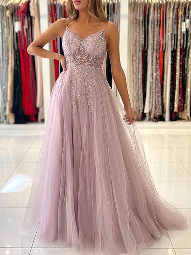 Ball Gown/Princess Sweep Train V-neck Tulle Beading Prom Dresses #UKM020113108