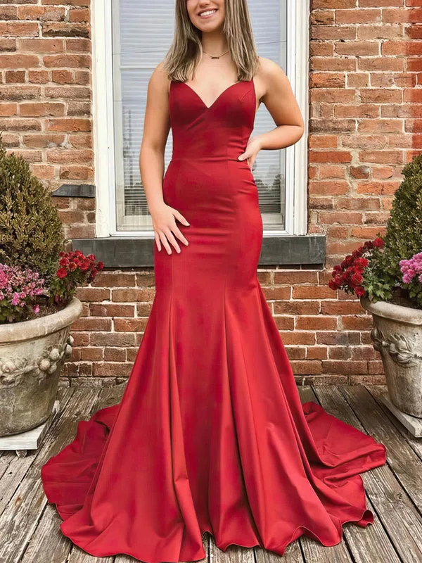 Trumpet/Mermaid V-neck Stretch Crepe Sweep Train Prom Dresses With Bow #UKM020113111