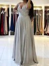 A-line Floor-length V-neck Shimmer Crepe Ruffles Prom Dresses #UKM020113130