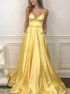 A-line V-neck Satin Sweep Train Prom Dresses With Pockets #UKM020113136