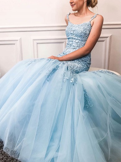 Trumpet/Mermaid Scoop Neck Lace Tulle Sweep Train Prom Dresses With Appliques Lace #UKM020113139