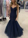 Trumpet/Mermaid V-neck Lace Tulle Floor-length Prom Dresses With Appliques Lace #UKM020113141