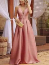 A-line V-neck Satin Floor-length Prom Dresses With Sashes / Ribbons #UKM020113145