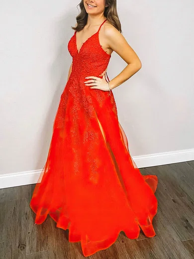 A-line V-neck Lace Tulle Sweep Train Prom Dresses With Split Front #UKM020113154