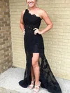 Sheath/Column One Shoulder Tulle Lace Sweep Train Prom Dresses With Split Front #UKM020113156