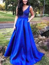 A-line V-neck Lace Satin Sweep Train Prom Dresses With Beading #UKM020113161