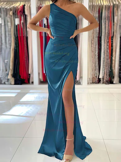 Sheath Column Sweep Train One Shoulder Satin Ruffles Evening Dresses MillyBridal