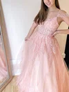 A-line V-neck Tulle Lace Sweep Train Prom Dresses With Appliques Lace #UKM020113172