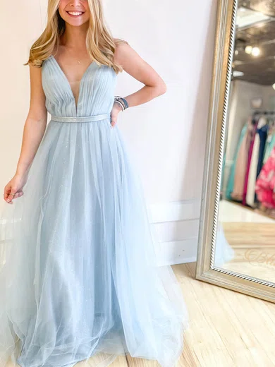 A-line V-neck Tulle Glitter Sweep Train Prom Dresses With Sashes / Ribbons #UKM020113176