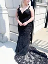 Trumpet/Mermaid V-neck Tulle Lace Sweep Train Prom Dresses With Appliques Lace #UKM020113178