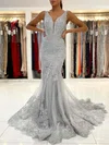 Trumpet/Mermaid V-neck Tulle Lace Sweep Train Prom Dresses With Appliques Lace #UKM020113180