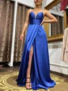 A-line V-neck Silk-like Satin Floor-length Prom Dresses With Split Front #UKM020113181