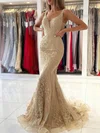 Trumpet/Mermaid V-neck Lace Tulle Sweep Train Prom Dresses With Appliques Lace #UKM020113182