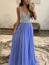 A-line V-neck Lace Tulle Floor-length Prom Dresses #UKM020113188