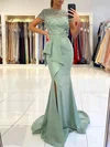 Trumpet/Mermaid Scoop Neck Lace Silk-like Satin Sweep Train Prom Dresses With Split Front #UKM020113195