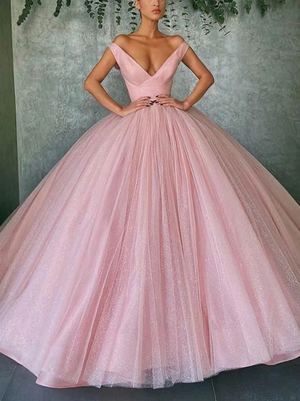 Ball Gown Off-the-shoulder Glitter Floor-length Prom Dresses #UKM020113212