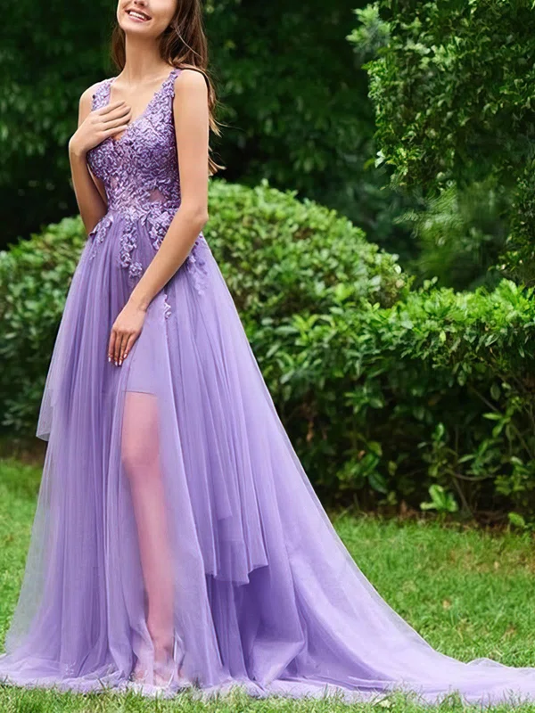 A-line V-neck Lace Glitter Sweep Train Prom Dresses With Appliques Lace #UKM020113214