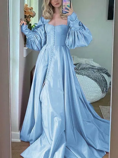 A-line Square Neckline Satin Sweep Train Prom Dresses With Buttons #UKM020113227
