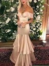 Trumpet/Mermaid Off-the-shoulder Satin Floor-length Prom Dresses With Tiered #UKM020113228
