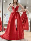A-line V-neck Satin Sweep Train Prom Dresses With Split Front #UKM020113230