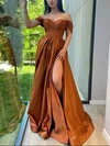Ball Gown/Princess Sweep Train Off-the-shoulder Satin Split Front Prom Dresses #UKM020113240