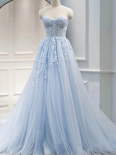 Princess Sweetheart Tulle Lace Sweep Train Prom Dresses With Appliques Lace #UKM020113242